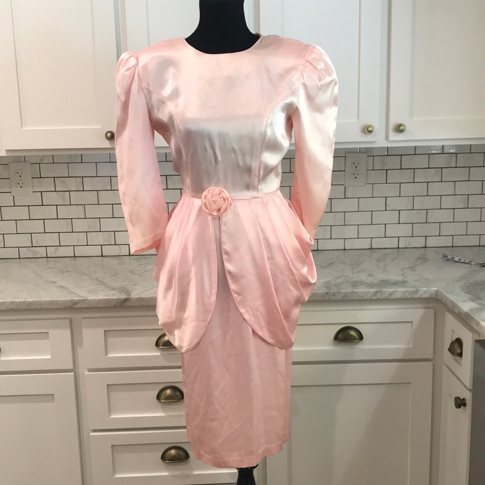 Vintage 80s All That Jazz Satin Dress Juniors Size 3/4 Pink Ruched Midi USA